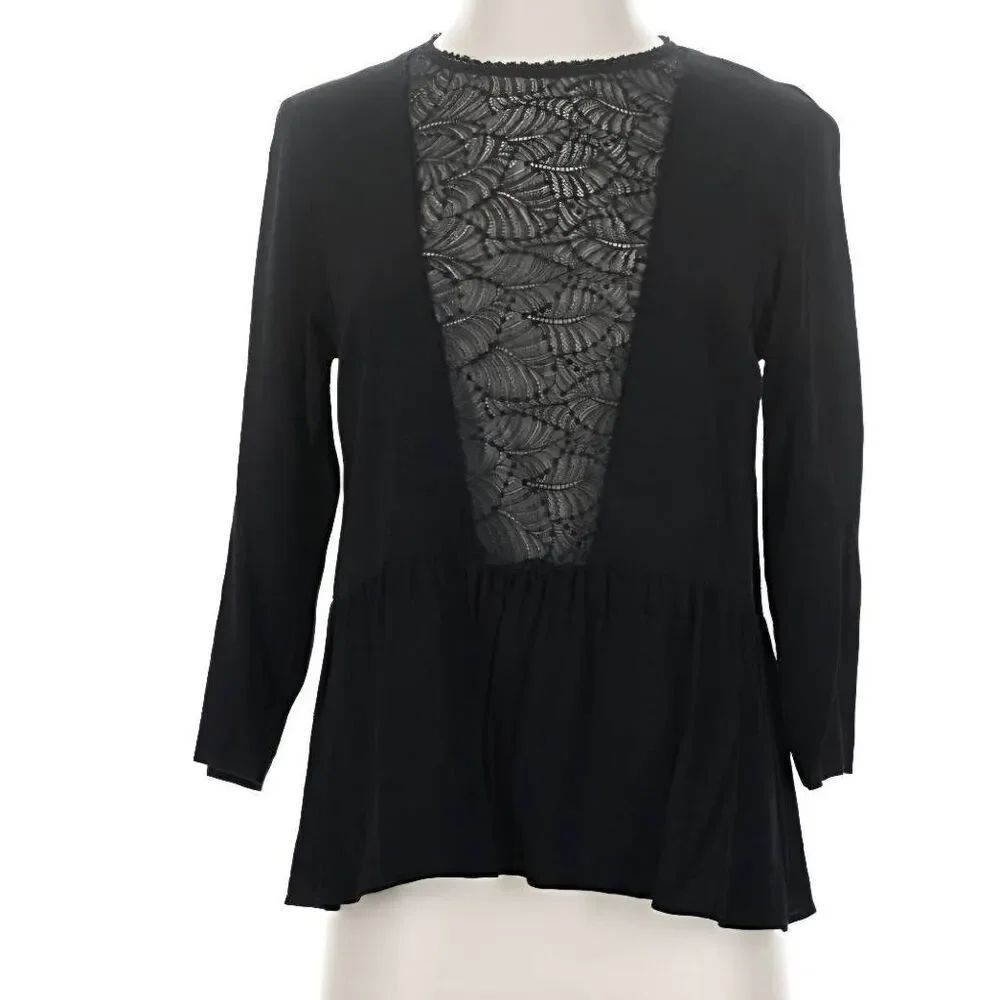 Sezane black lack insert v neck shirt sz 36 (US 4)